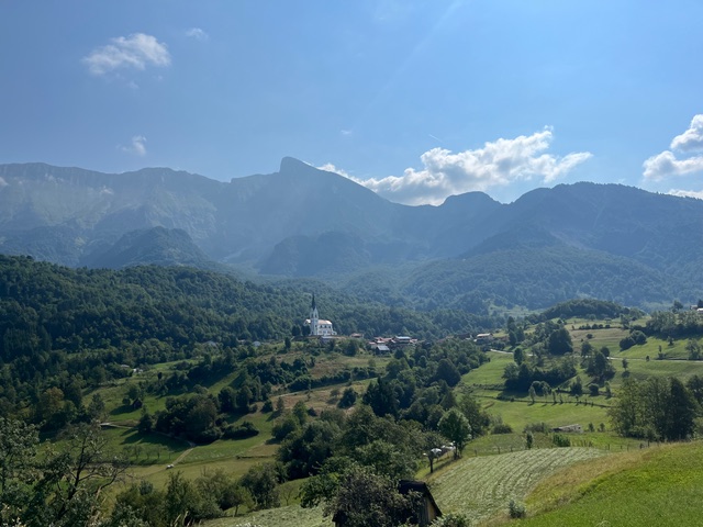 view of a mountain with a church in Slovenia
