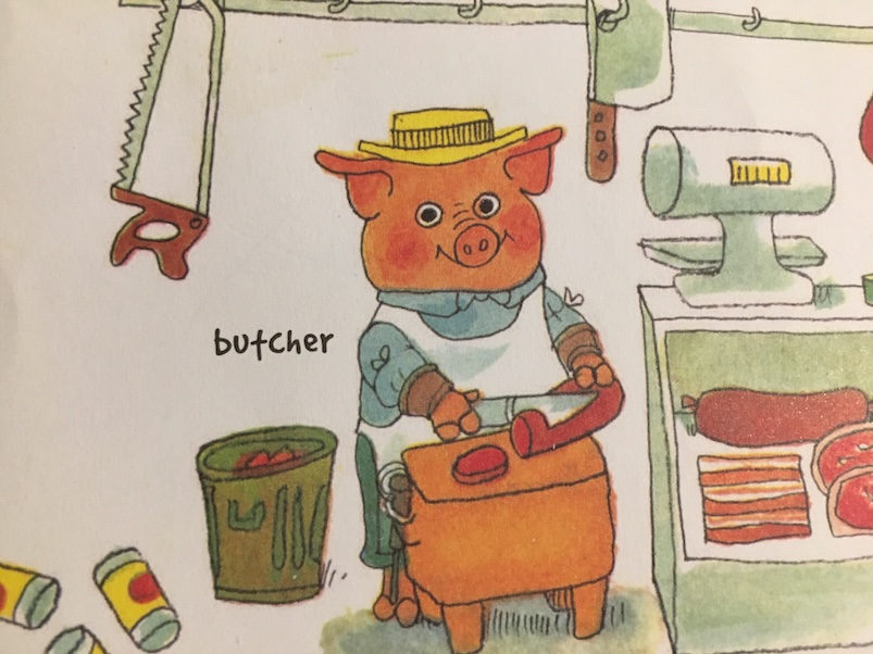 a Richard Scarry butcher pig slicing sausage