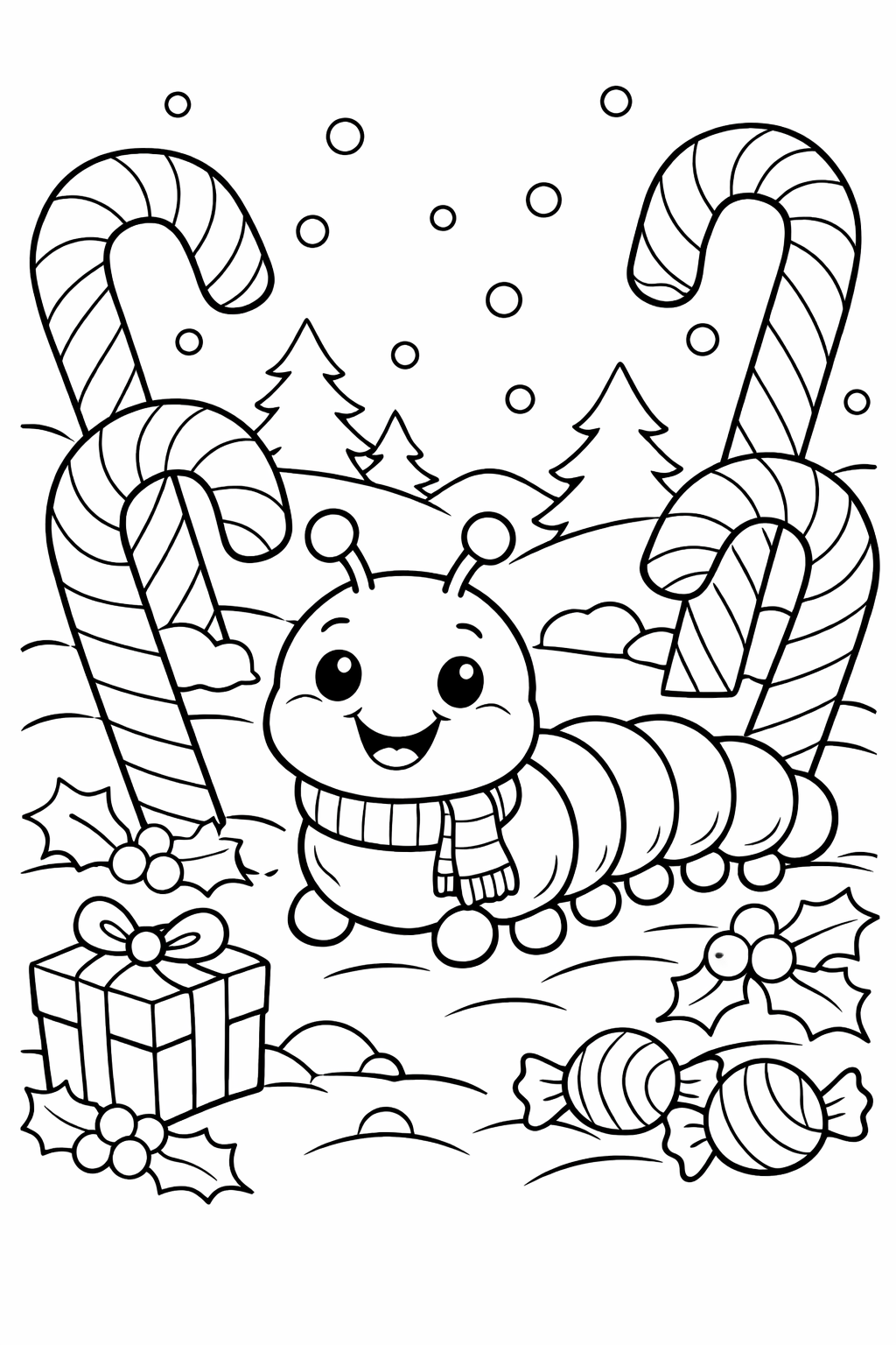 coloring page with candy canes and a caterpillar