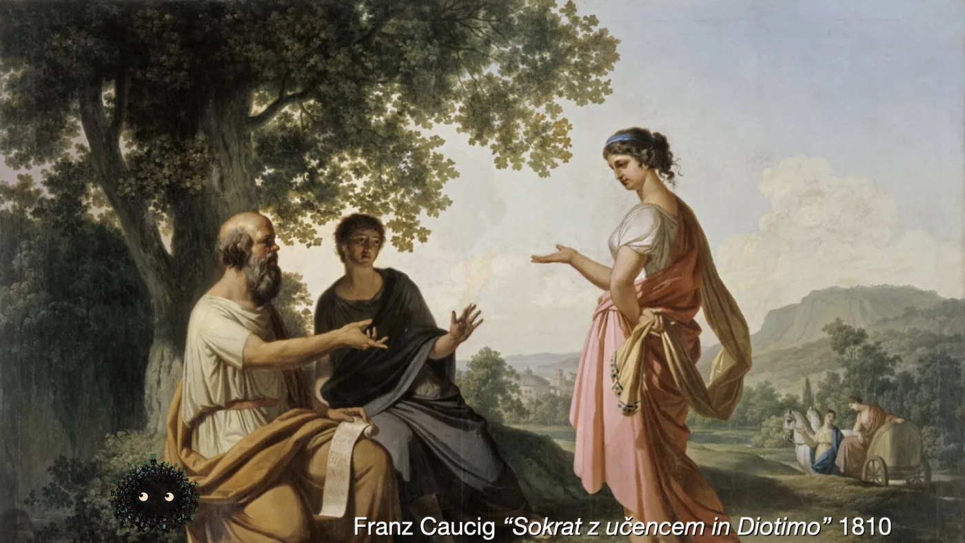 Franz Caucig “Sokrat z učencem in Diotimo” 1810 | picture: Socrates and a young student seated under a great tree, gesturing up at Diotima, who stands in rose and gold with her hand raised; a river valley and small figures with a cart behind her | picture: Sili, in the bottom left, moving right