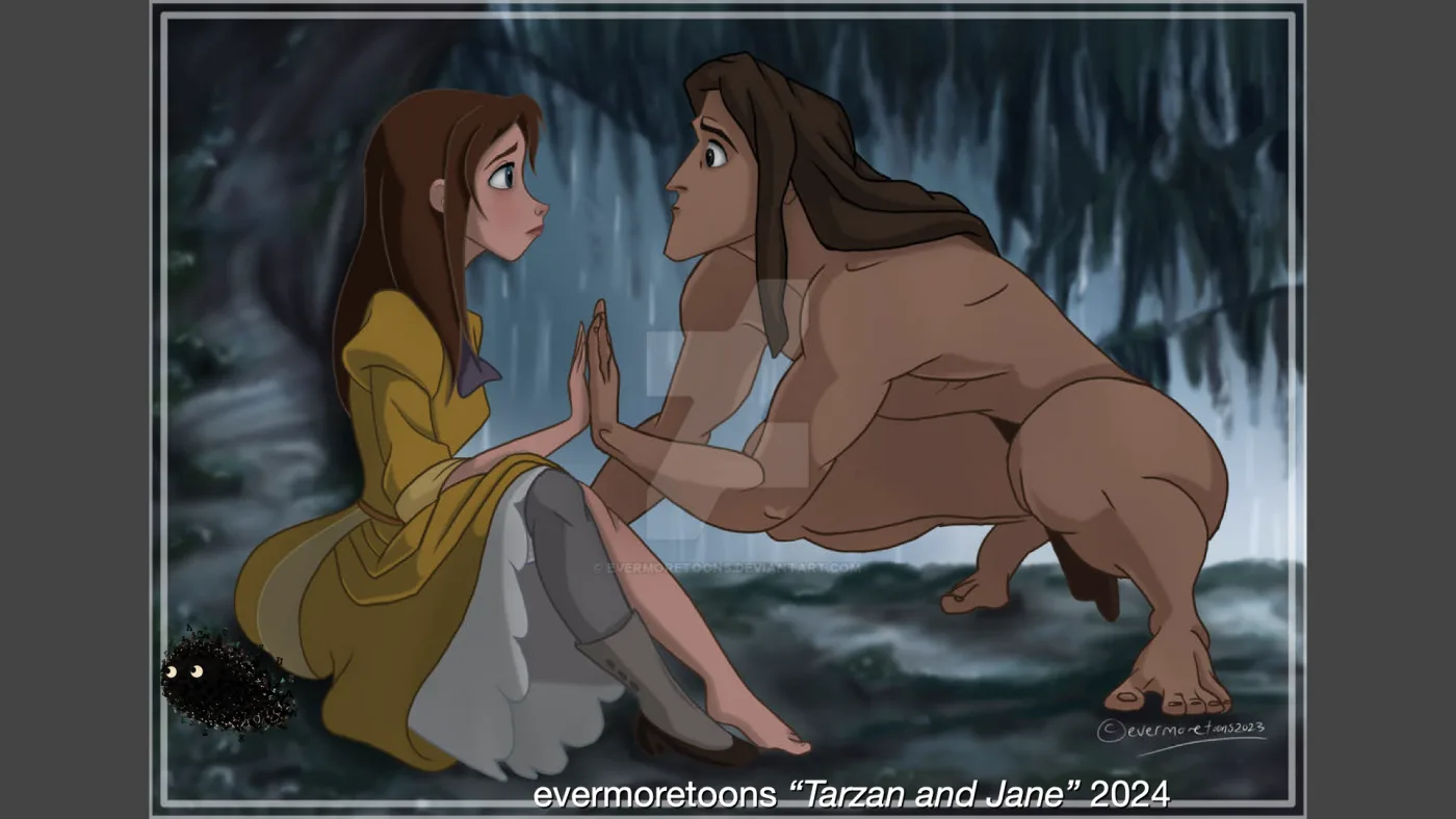 evermoretoons “Tarzan and Jane” 2024 | picture: fan art of Tarzan and Jane kneeling face to face in a blue-green jungle, palms almost touching — hers hesitant, his curious | picture: Sili, in the bottom left, moving left and rising