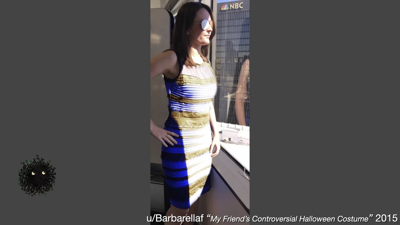 u/Barbarellaf “My Friend’s Controversial Halloween Costume” 2015 | picture: the dress — a woman standing at an office window, wearing the dress that some see blue and black and others white and gold | picture: Sili, in the bottom left, moving left and rising