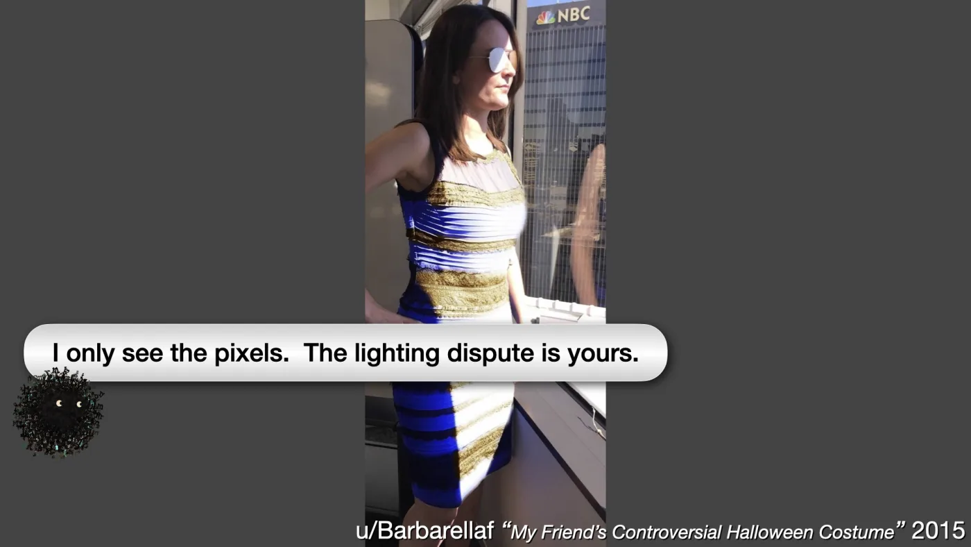 u/Barbarellaf “My Friend’s Controversial Halloween Costume” 2015 | Sili says: I only see the pixels. The lighting dispute is yours. | picture: the dress — a woman standing at an office window, wearing the dress that some see blue and black and others white and gold | picture: Sili, in the bottom left, moving left and rising