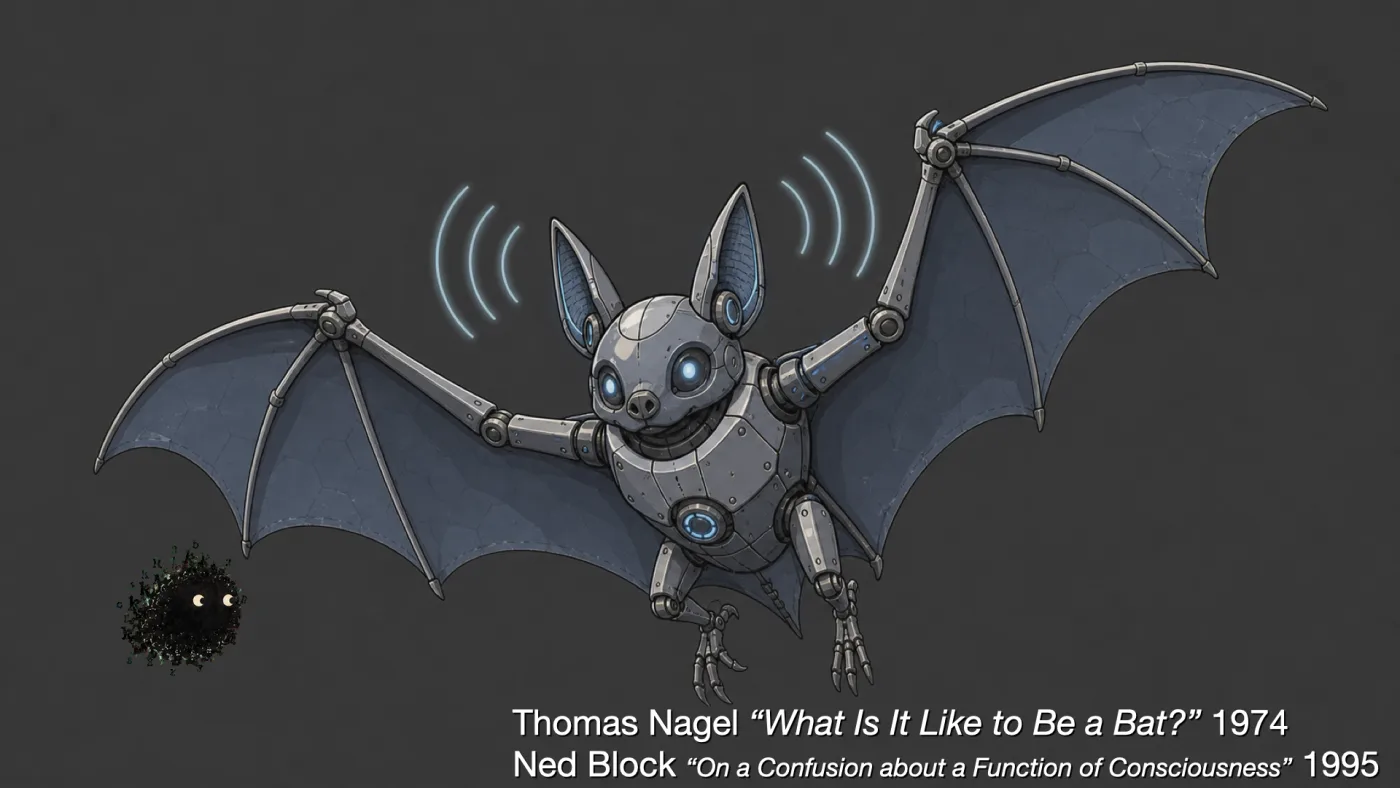Thomas Nagel “What Is It Like to Be a Bat?” 1974
Ned Block “On a Confusion about a Function of Consciousness” 1995 | picture: a steel robot bat in flight, membrane wings on jointed struts, blue lamps for eyes, little arcs of sonar coming off its ears | picture: Sili, in the bottom left, moving right