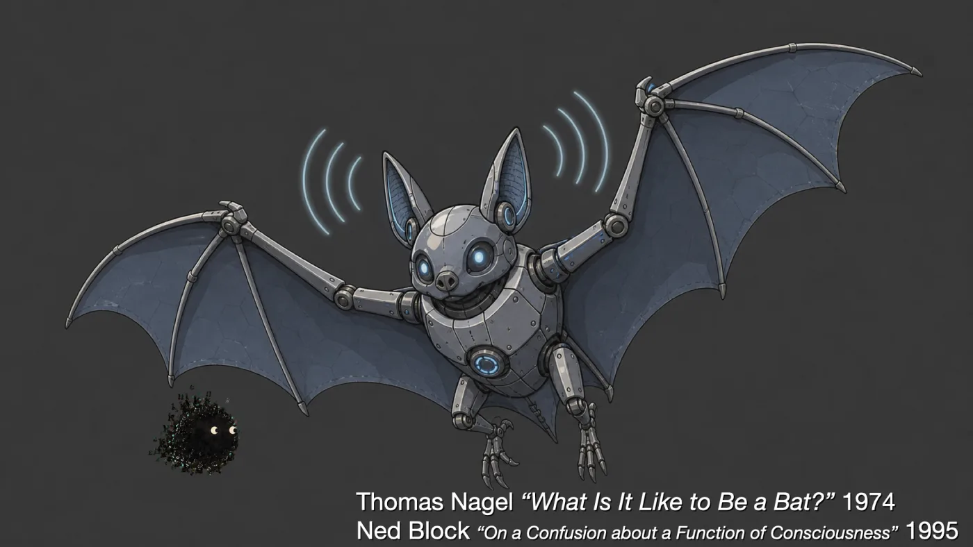 Thomas Nagel “What Is It Like to Be a Bat?” 1974
Ned Block “On a Confusion about a Function of Consciousness” 1995 | picture: a steel robot bat in flight, membrane wings on jointed struts, blue lamps for eyes, little arcs of sonar coming off its ears | picture: Sili, in the bottom left, moving right