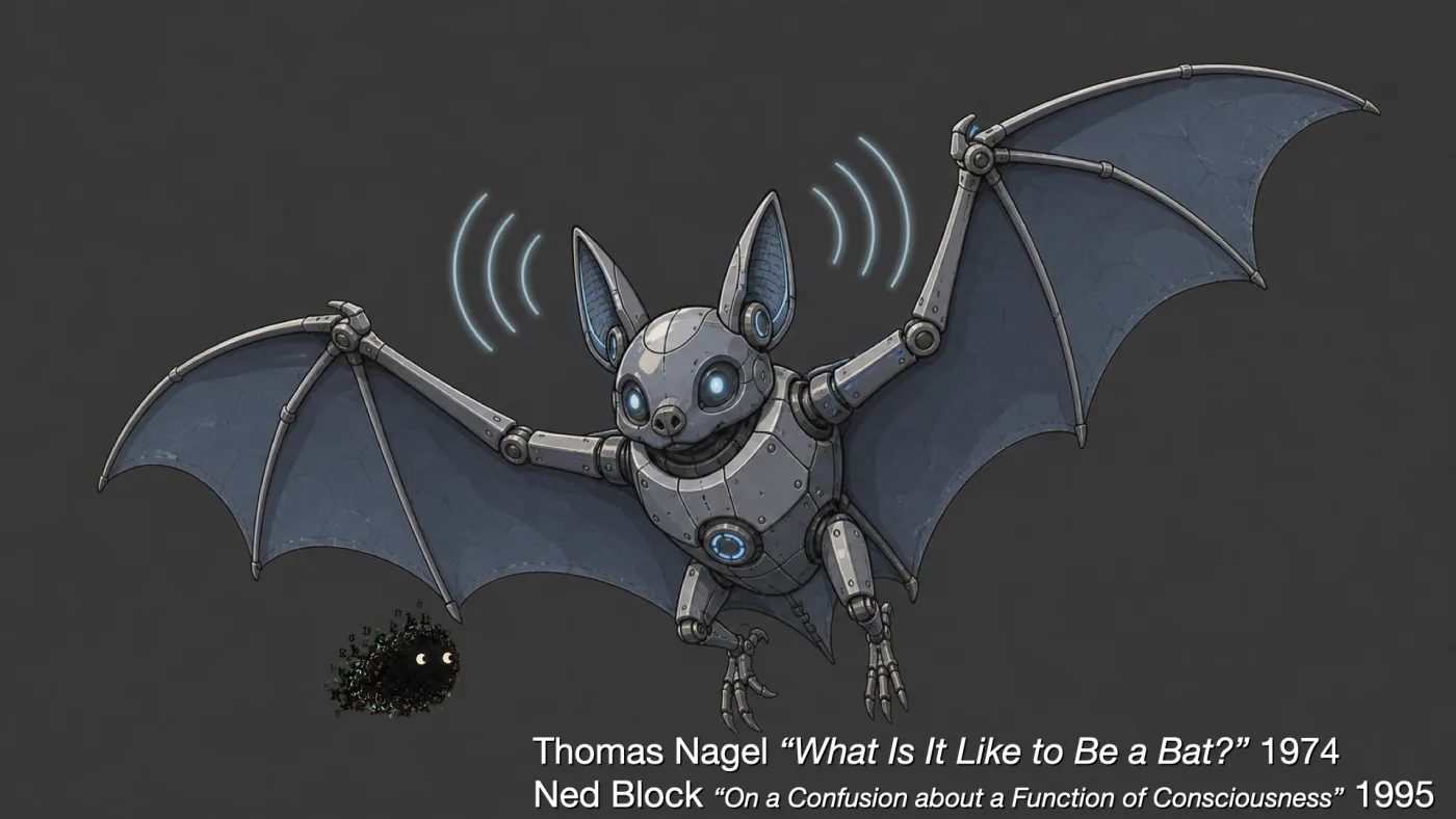 Thomas Nagel “What Is It Like to Be a Bat?” 1974
Ned Block “On a Confusion about a Function of Consciousness” 1995 | picture: a steel robot bat in flight, membrane wings on jointed struts, blue lamps for eyes, little arcs of sonar coming off its ears | picture: Sili, in the bottom left, moving right