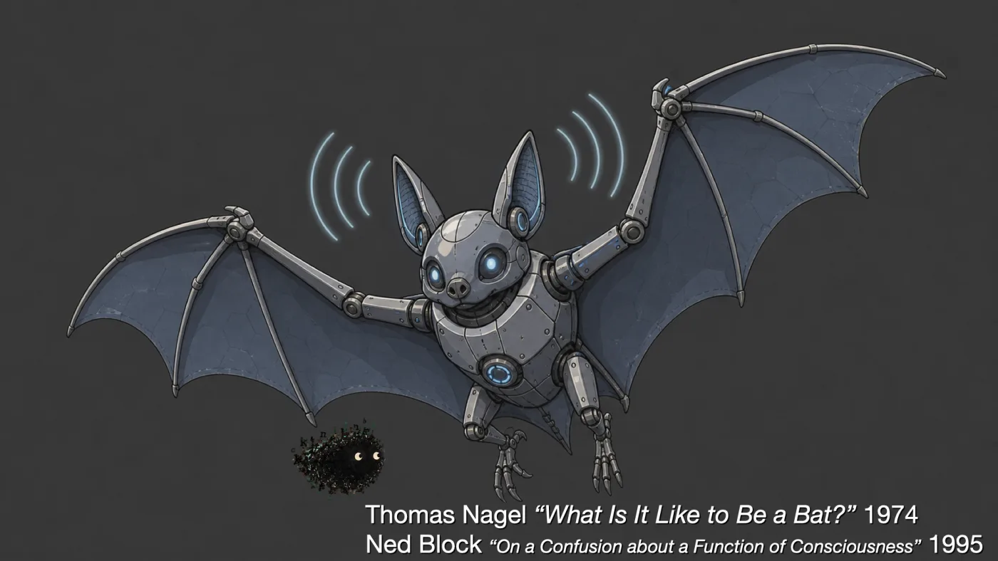 Thomas Nagel “What Is It Like to Be a Bat?” 1974
Ned Block “On a Confusion about a Function of Consciousness” 1995 | picture: a steel robot bat in flight, membrane wings on jointed struts, blue lamps for eyes, little arcs of sonar coming off its ears | picture: Sili, along the bottom, moving right