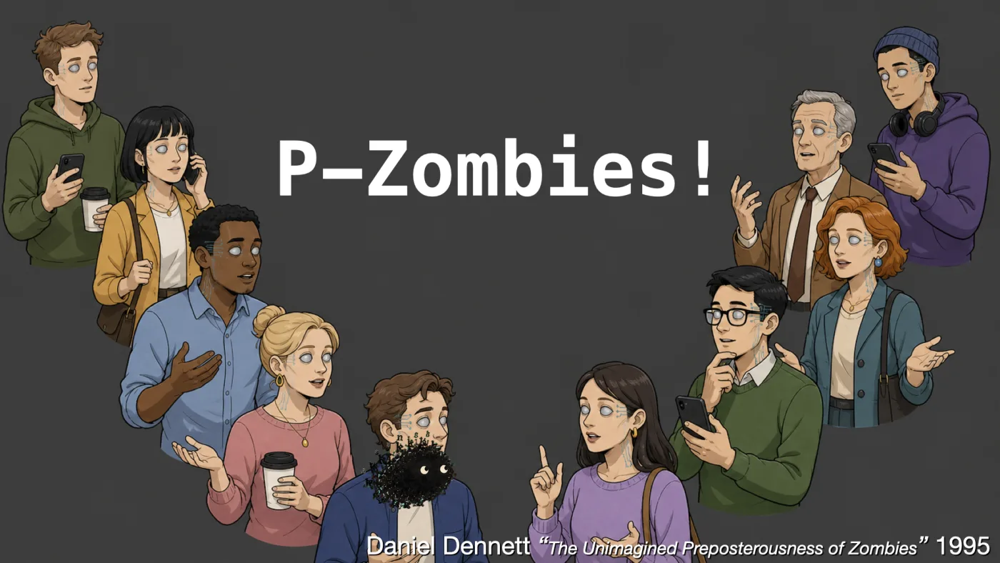 P-Zombies! | Daniel Dennett “The Unimagined Preposterousness of Zombies” 1995 | picture: a ring of ordinary-looking people — coffees, phones, mid-gesture — every one of them with blank white eyes | picture: Sili, along the bottom, moving right
