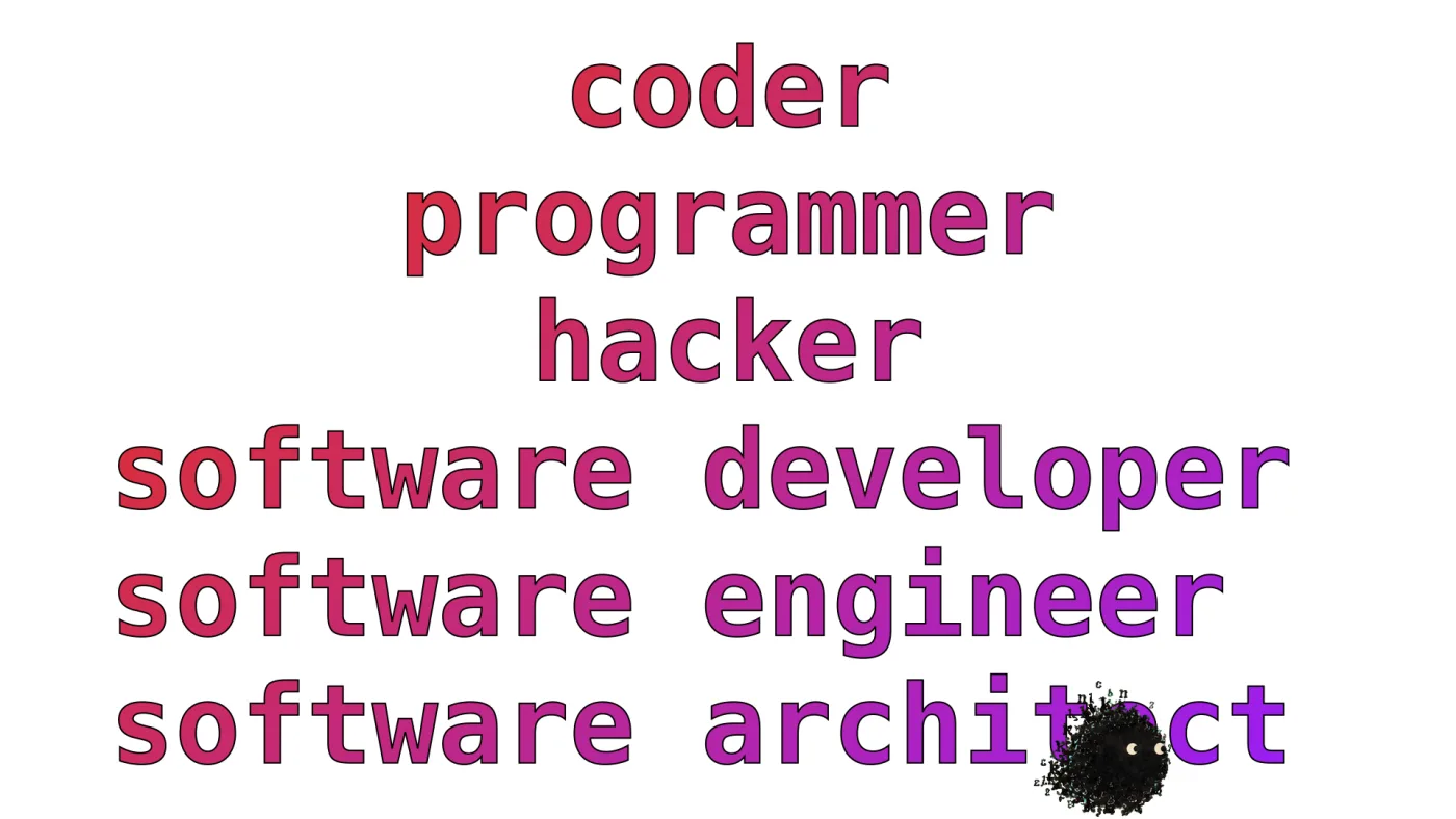 coder
programmer
hacker
software developer
software engineer
software architect | picture: Sili, in the bottom right, moving right