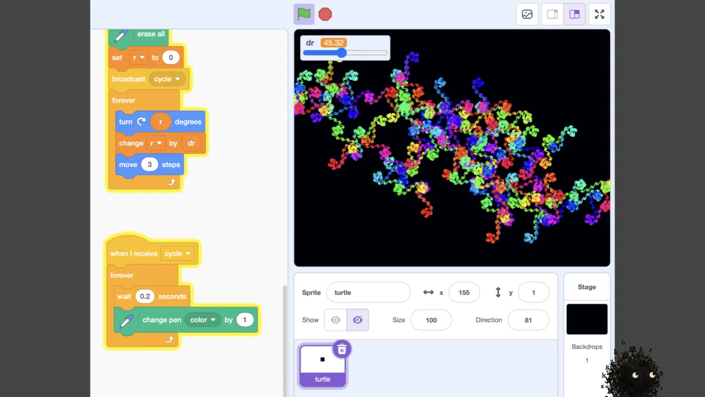 picture: doit rebuilt in Scratch — blocks reading erase all, set r to 0, broadcast cycle, then forever turn r degrees, change r by dr, move 3 steps — beside the turtle's rainbow spirograph and a dr slider at 45.32 | picture: Sili, in the bottom right, moving right