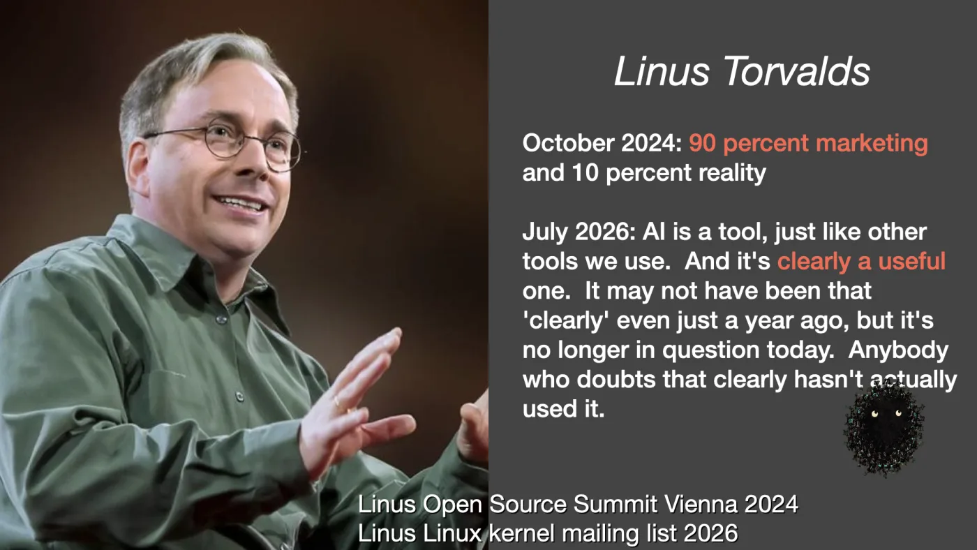 Linus Torvalds | October 2024: 90 percent marketing and 10 percent reality

July 2026: AI is a tool, just like other tools we use. And it's clearly a useful one. It may not have been that 'clearly' even just a year ago, but it's no longer in question today. Anybody who doubts that clearly hasn't actually used it. | Linus Open Source Summit Vienna 2024
Linus Linux kernel mailing list 2026 | picture: Linus Torvalds mid-sentence in a green shirt, one hand open, making a point | picture: Sili, in the bottom right, rising