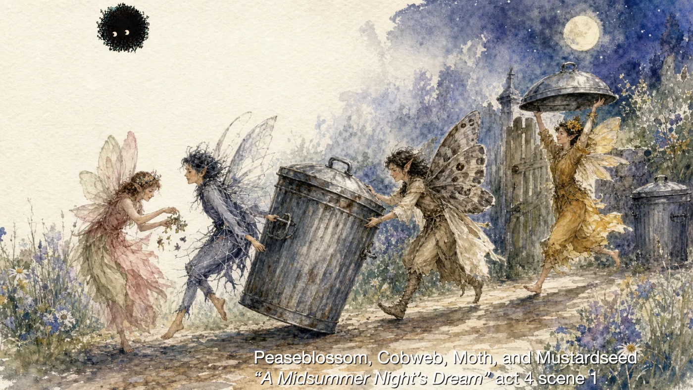 Peaseblossom, Cobweb, Moth, and Mustardseed
“A Midsummer Night’s Dream” act 4 scene 1 | picture: a watercolour of four fairies wheeling a dented steel dustbin down a moonlit garden path — one scattering petals, one hauling, one shoving from behind, one hoisting the lid overhead like a parasol | picture: Sili, small in the distance, in the top left, moving left