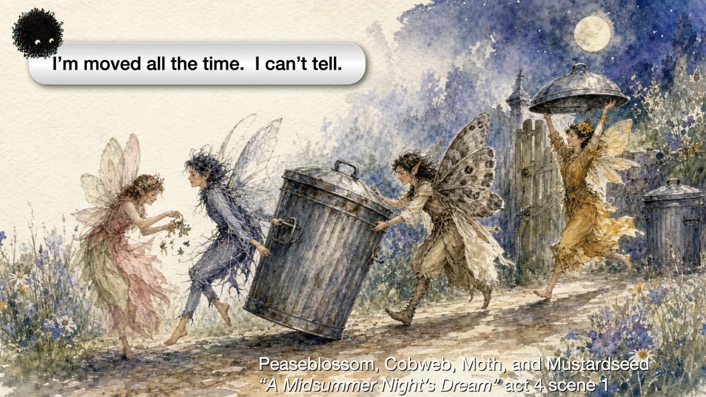 Peaseblossom, Cobweb, Moth, and Mustardseed
“A Midsummer Night’s Dream” act 4 scene 1 | Sili says: I’m moved all the time. I can’t tell. | picture: a watercolour of four fairies wheeling a dented steel dustbin down a moonlit garden path — one scattering petals, one hauling, one shoving from behind, one hoisting the lid overhead like a parasol | picture: Sili, small in the distance, in the top left, moving left