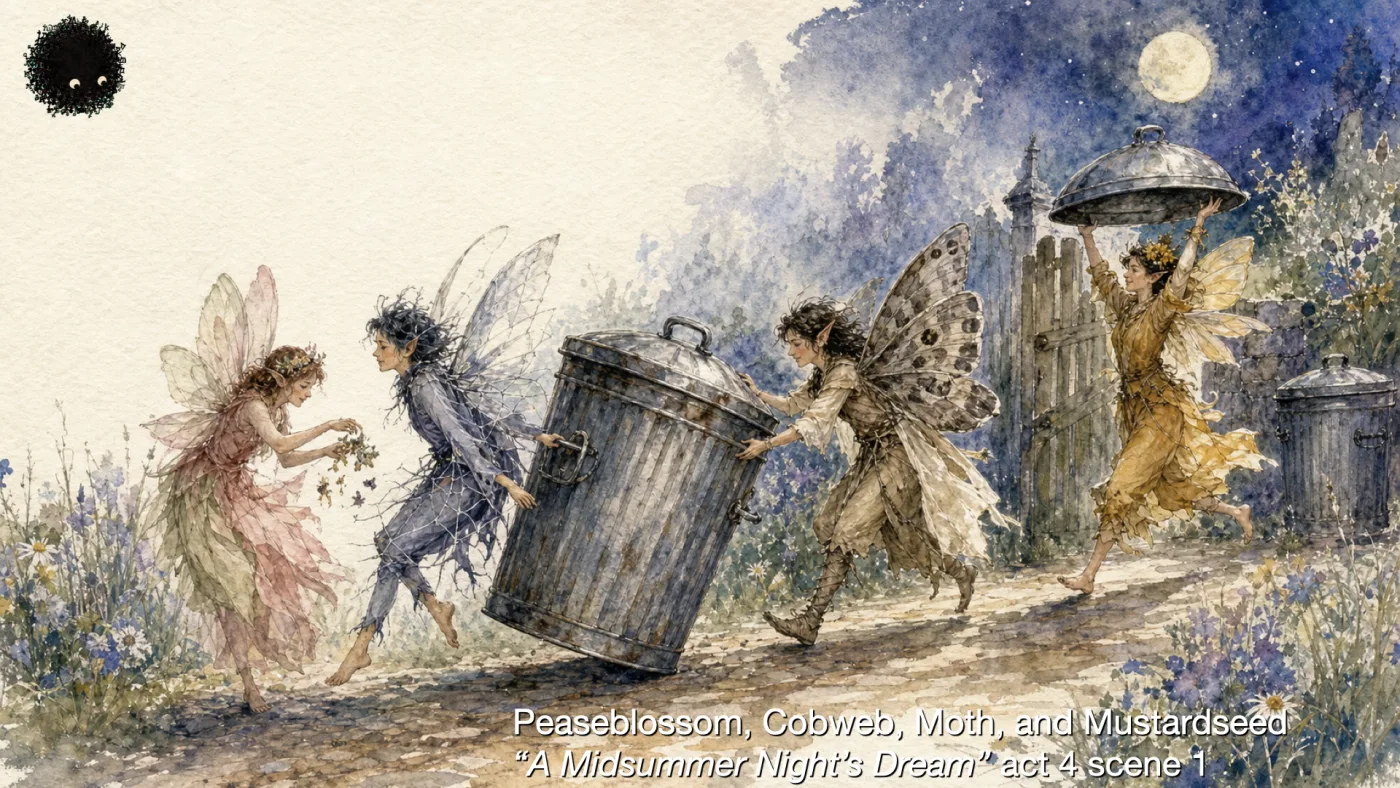 Peaseblossom, Cobweb, Moth, and Mustardseed
“A Midsummer Night’s Dream” act 4 scene 1 | picture: a watercolour of four fairies wheeling a dented steel dustbin down a moonlit garden path — one scattering petals, one hauling, one shoving from behind, one hoisting the lid overhead like a parasol | picture: Sili, small in the distance, in the top left, staying put