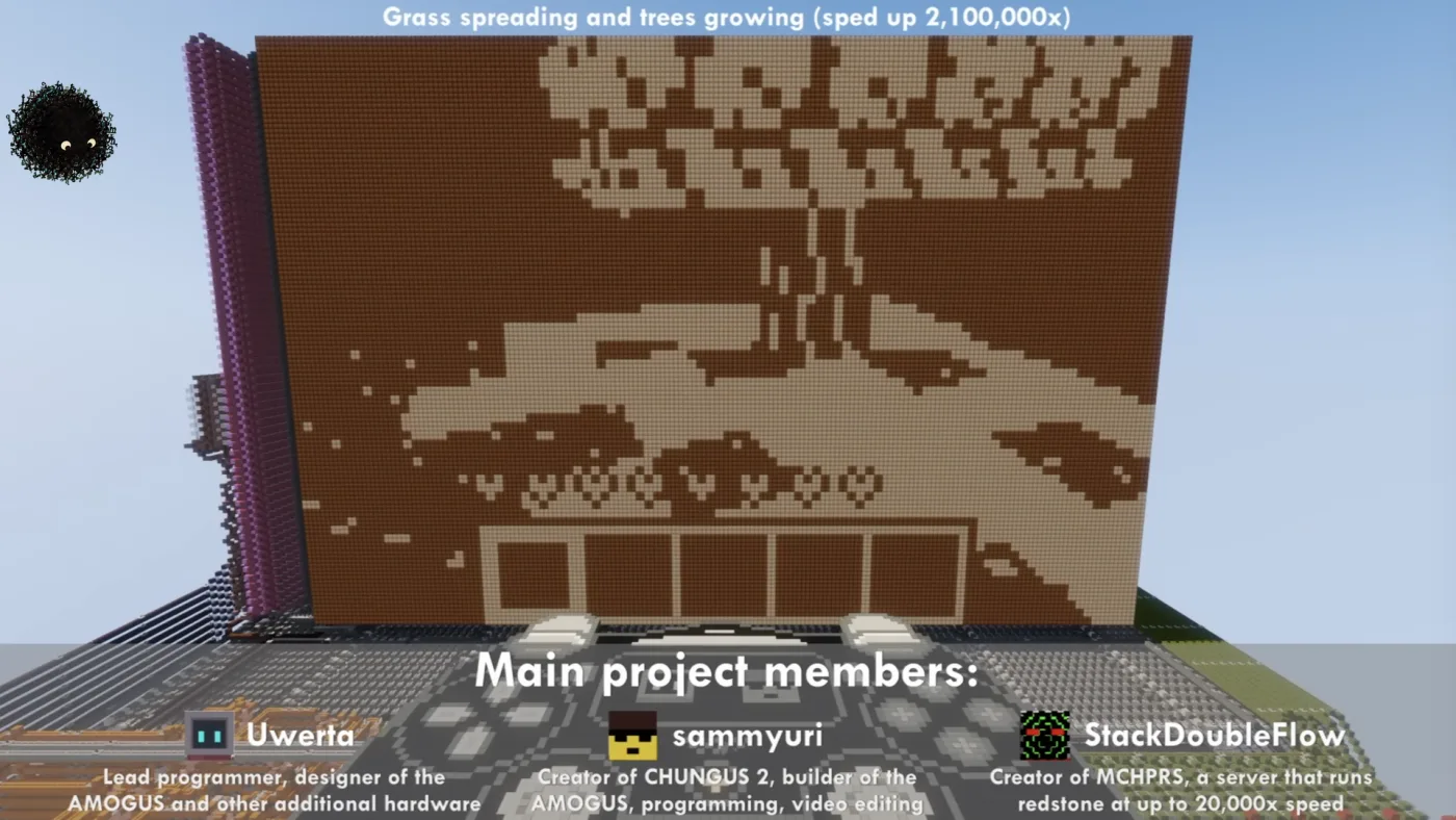 picture: Minecraft running inside Minecraft — a redstone computer the size of a hillside whose block-built screen shows grass spreading and trees growing, sped up 2,100,000 times, credited to Uwerta, sammyuri and StackDoubleFlow | picture: Sili, small in the distance, in the top left, dropping