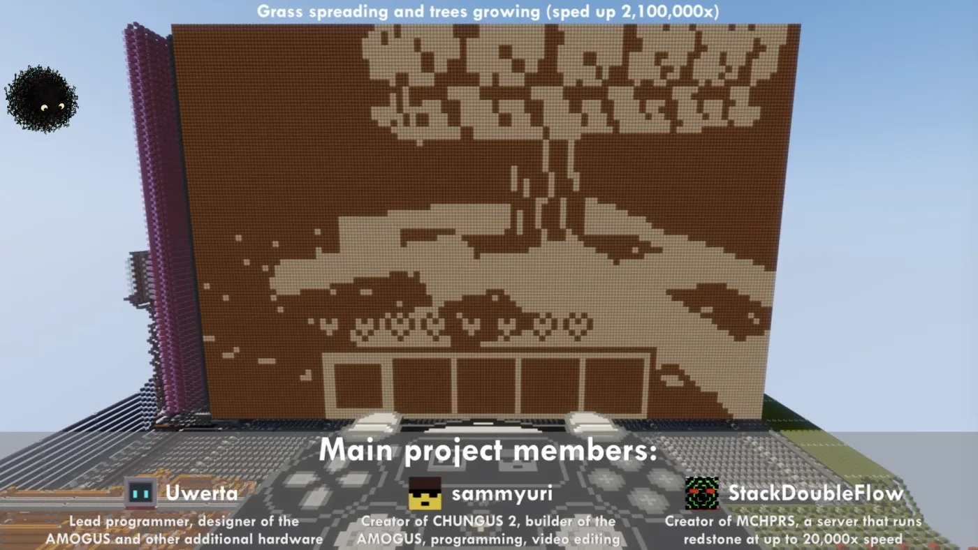 picture: Minecraft running inside Minecraft — a redstone computer the size of a hillside whose block-built screen shows grass spreading and trees growing, sped up 2,100,000 times, credited to Uwerta, sammyuri and StackDoubleFlow | picture: Sili, small in the distance, in the top left, staying put