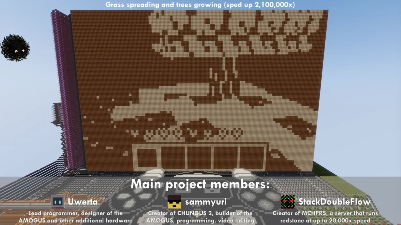 picture: Minecraft running inside Minecraft — a redstone computer the size of a hillside whose block-built screen shows grass spreading and trees growing, sped up 2,100,000 times, credited to Uwerta, sammyuri and StackDoubleFlow | picture: Sili, small in the distance, in the top left, dropping