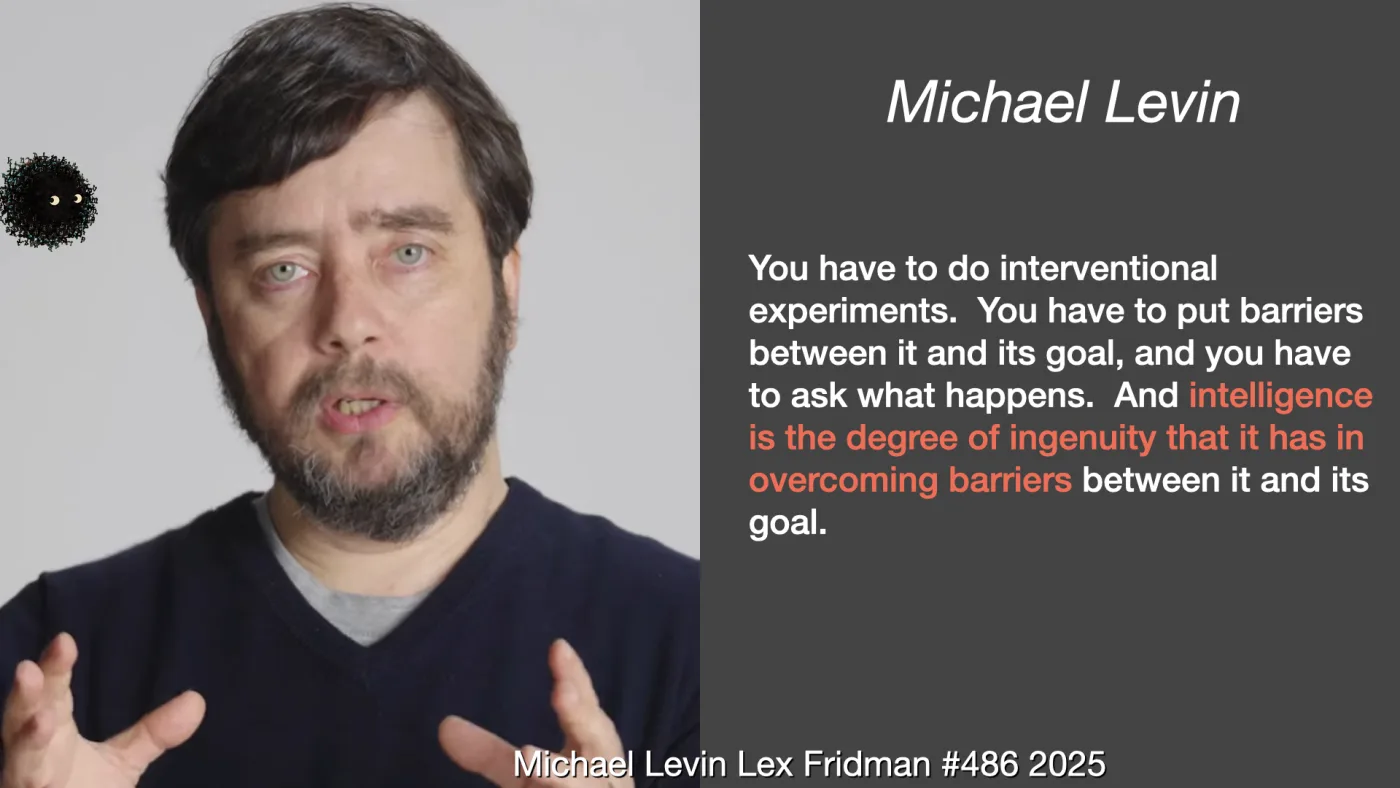 Michael Levin | You have to do interventional experiments. You have to put barriers between it and its goal, and you have to ask what happens. And intelligence is the degree of ingenuity that it has in overcoming barriers between it and its goal. | Michael Levin Lex Fridman #486 2025 | picture: Michael Levin talking with his hands, mid-explanation, against a plain grey wall | picture: Sili, small in the distance, in the top left, dropping