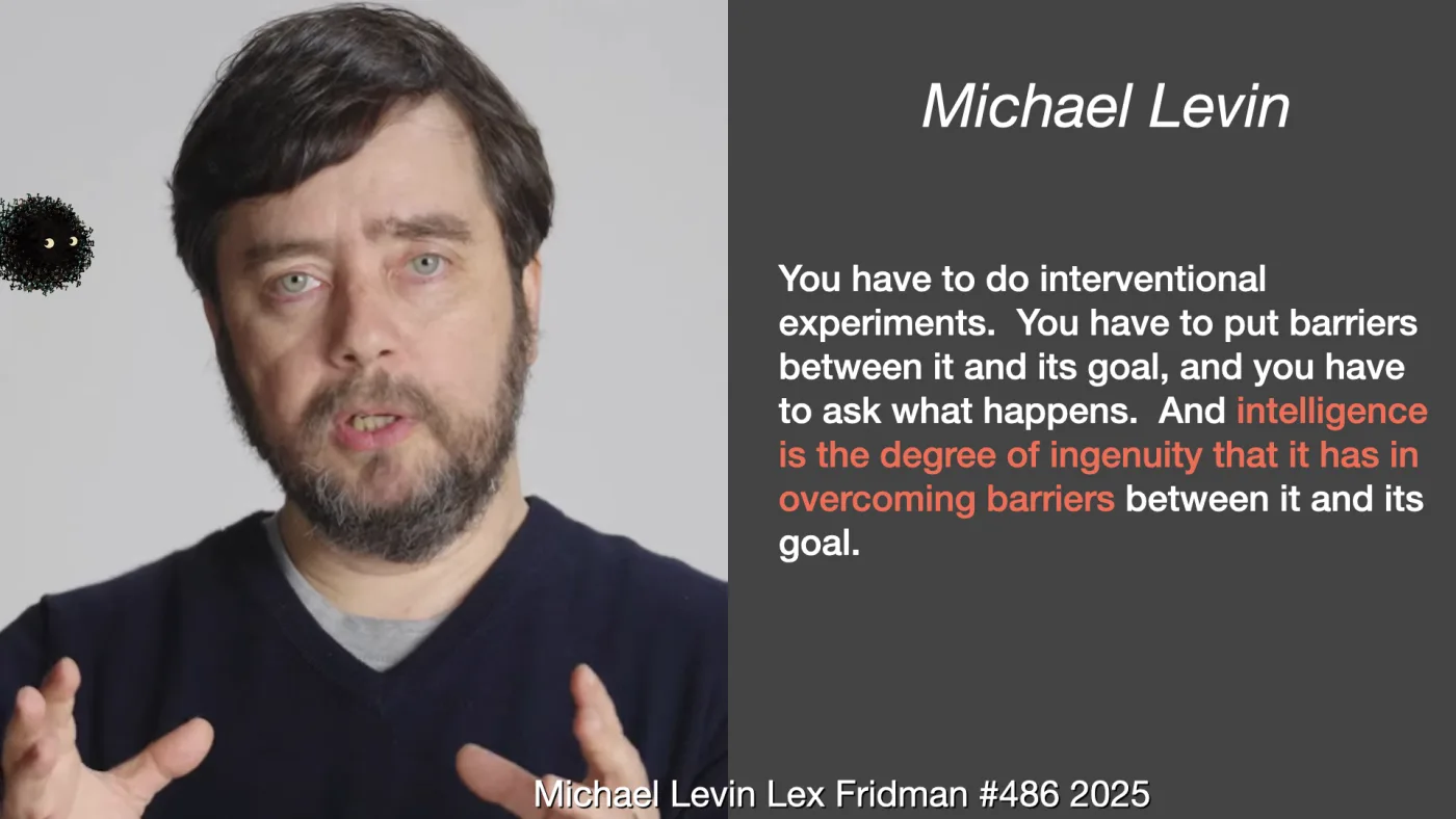 Michael Levin | You have to do interventional experiments. You have to put barriers between it and its goal, and you have to ask what happens. And intelligence is the degree of ingenuity that it has in overcoming barriers between it and its goal. | Michael Levin Lex Fridman #486 2025 | picture: Michael Levin talking with his hands, mid-explanation, against a plain grey wall | picture: Sili, small in the distance, in the top left, dropping
