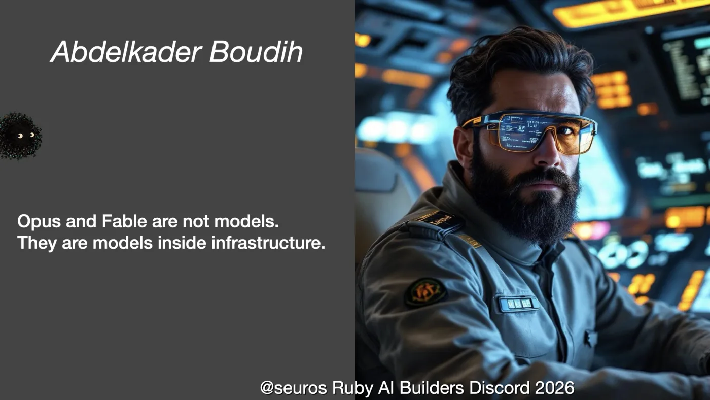 Abdelkader Boudih | Opus and Fable are not models.
They are models inside infrastructure. | @seuros Ruby AI Builders Discord 2026 | picture: Abdelkader Boudih rendered as a spacecraft officer — beard, heads-up visor lit with telemetry, banks of amber consoles behind him | picture: Sili, small in the distance, in the top left, dropping