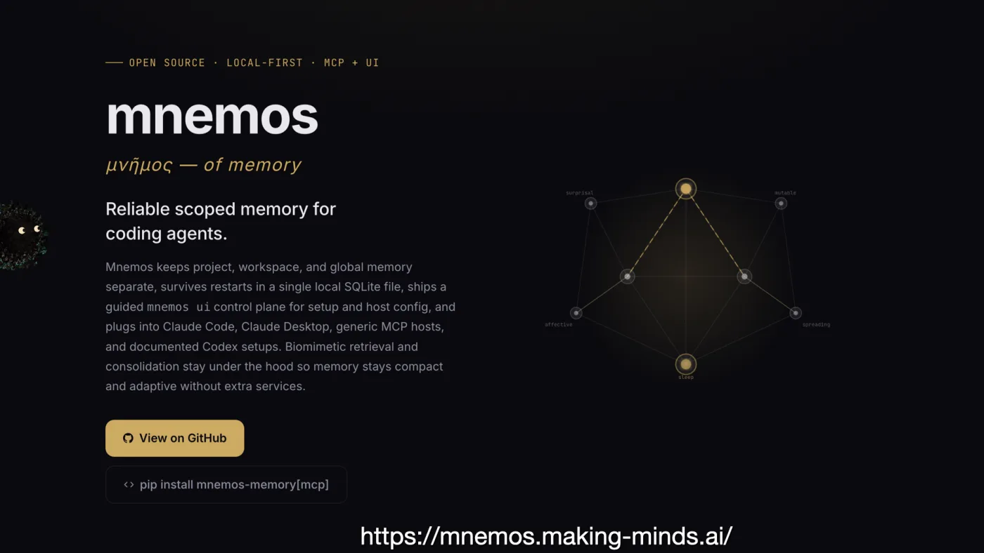 https://mnemos.making-minds.ai/ | picture: the mnemos landing page — “reliable scoped memory for coding agents”, μνῆμος, of memory — beside a constellation diagram of linked memory nodes | picture: Sili, small in the distance, over at the left, dropping