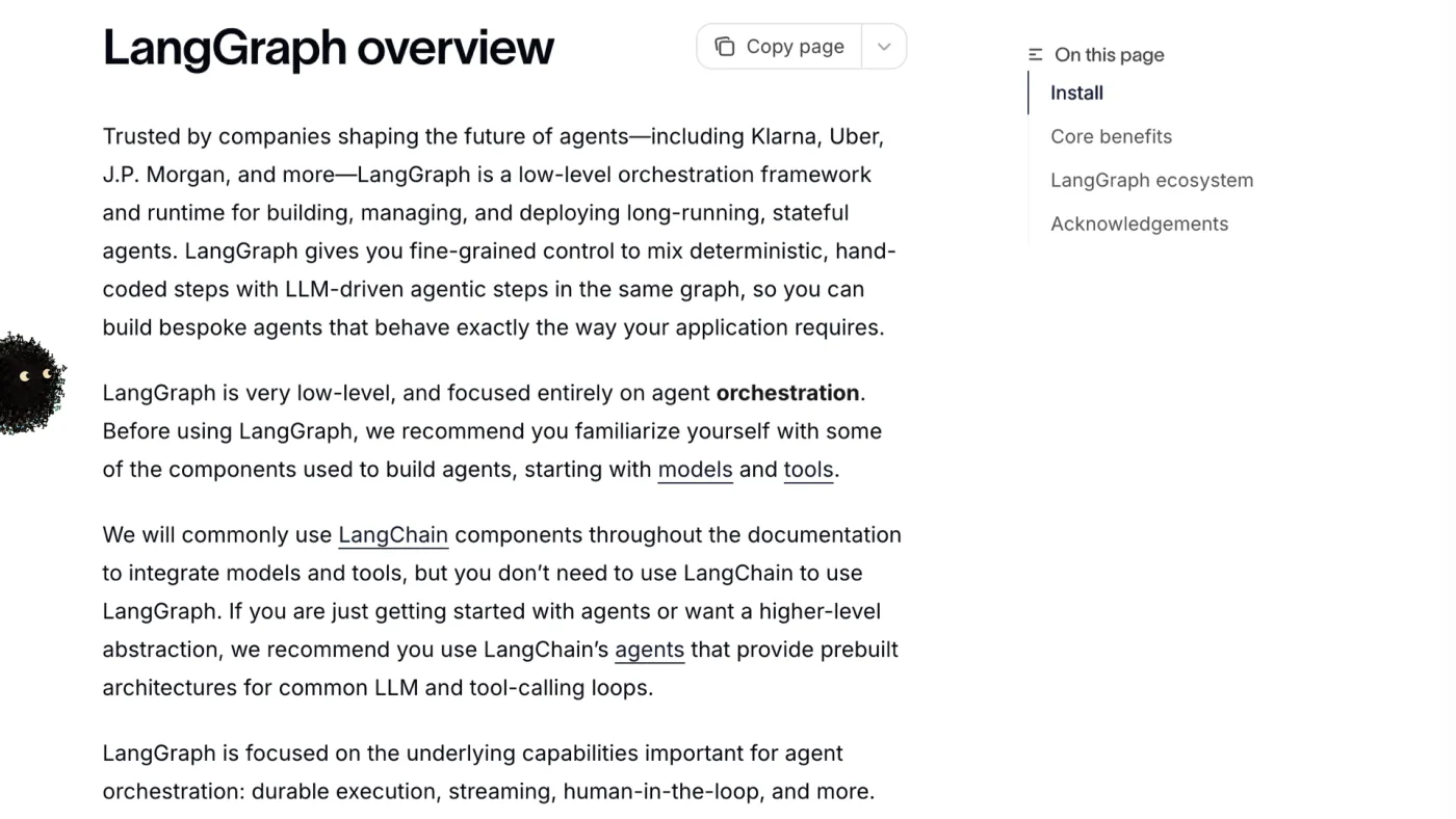 picture: the LangGraph documentation — a low-level orchestration framework and runtime for building, managing and deploying long-running, stateful agents | picture: Sili, small in the distance, over at the left, half off the left edge, dropping