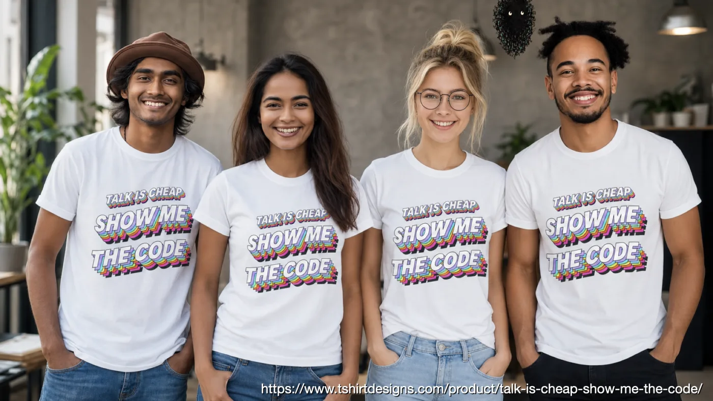 https://www.tshirtdesigns.com/product/talk-is-cheap-show-me-the-code/ | picture: four cheerful people posed like stock photography in matching white TALK IS CHEAP / SHOW ME THE CODE tees | picture: Sili, in the top right, rising