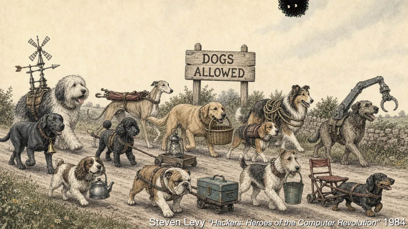 Steven Levy “Hackers: Heroes of the Computer Revolution” 1984 | picture: a procession of dogs down a country road past a DOGS ALLOWED sign, every one of them carrying something — a windmill, a rolled bundle, a lantern, a basket, coiled rope, a toolbox, a folding chair, a bucket | picture: Sili, small in the distance, in the top right, half above the top edge, rising