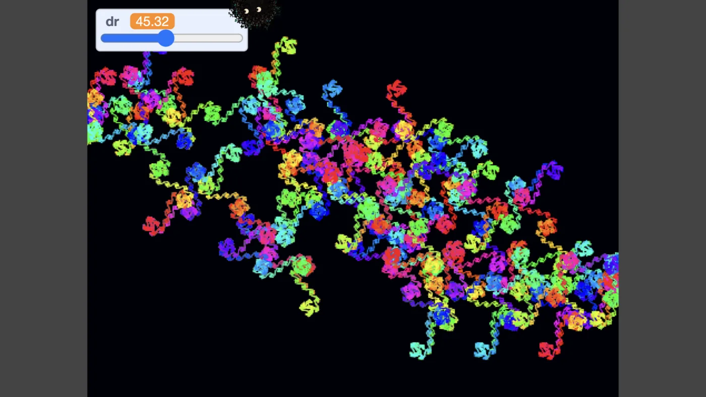 picture: the doit drawing full screen: loops within loops in every colour on black, dr at 45.32 | picture: Sili, small in the distance, along the top, half above the top edge, staying put