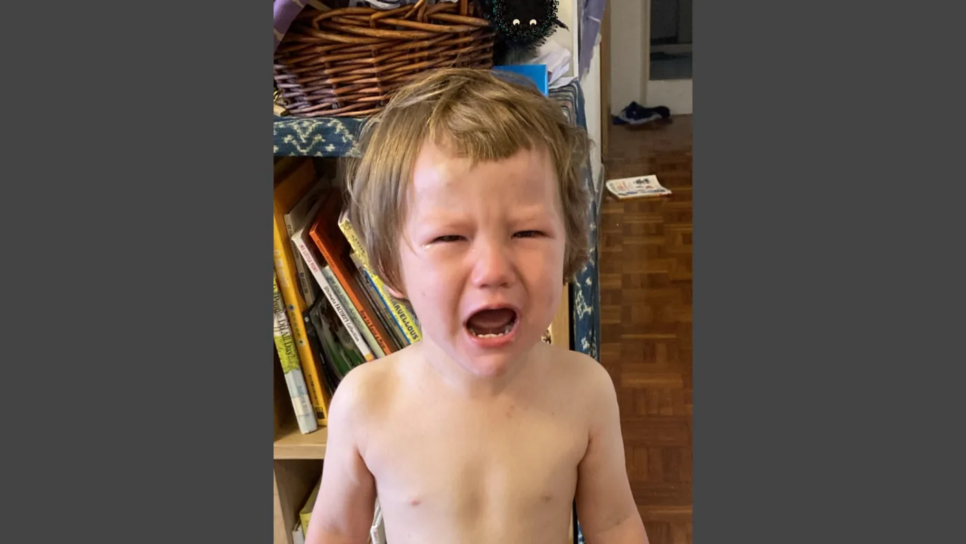 picture: a small child mid-wail, shirtless and streaming, in front of a shelf of picture books | picture: Sili, small in the distance, along the top, half above the top edge, moving right