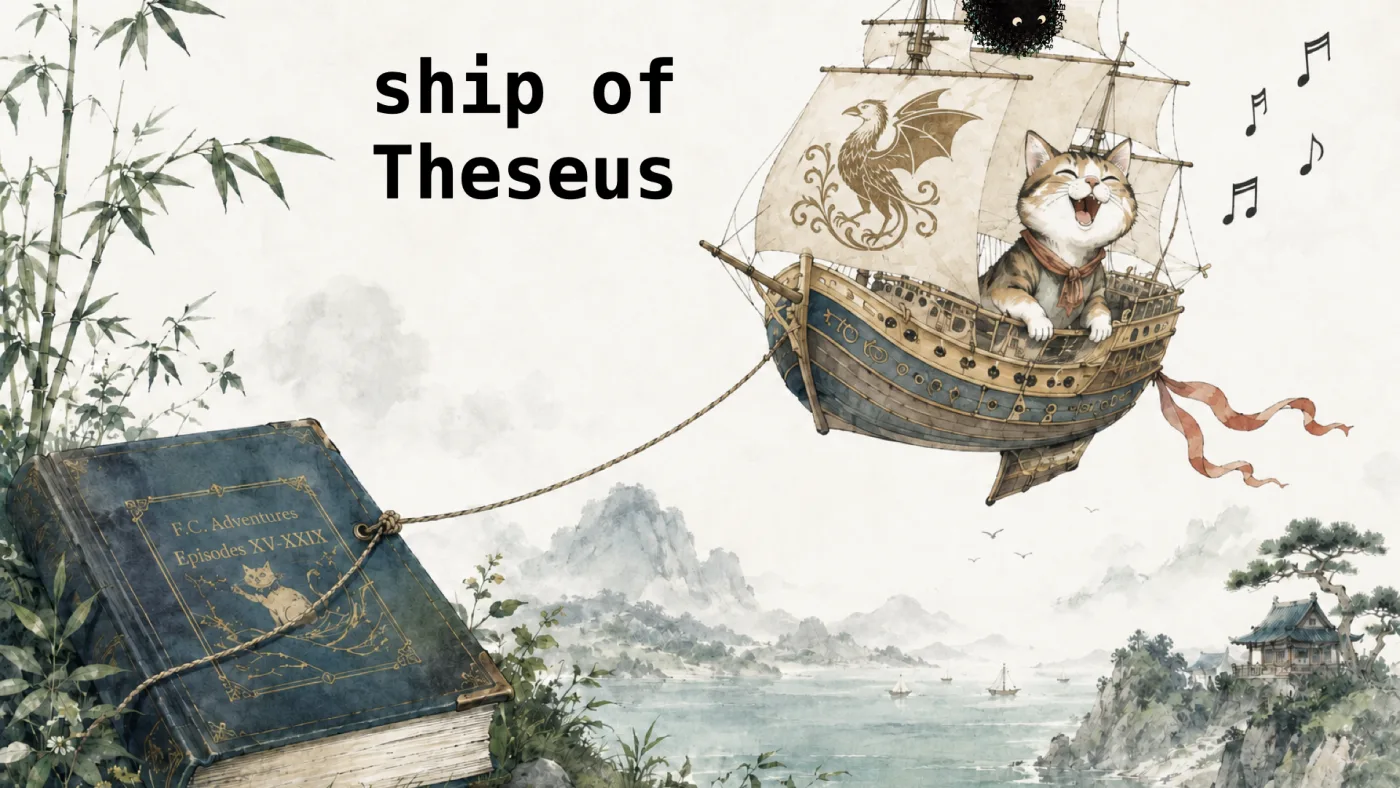 ship of
Theseus | picture: a wash drawing of a galleon sailing through the air, a delighted cat singing at the rail, tethered by a rope to an old book lying open in the grass below | picture: Sili, small in the distance, in the top right, half above the top edge, moving right