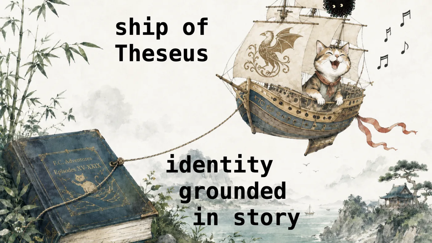ship of
Theseus | identity
grounded
in story | picture: a wash drawing of a galleon sailing through the air, a delighted cat singing at the rail, tethered by a rope to an old book lying open in the grass below | picture: Sili, small in the distance, in the top right, half above the top edge, moving right