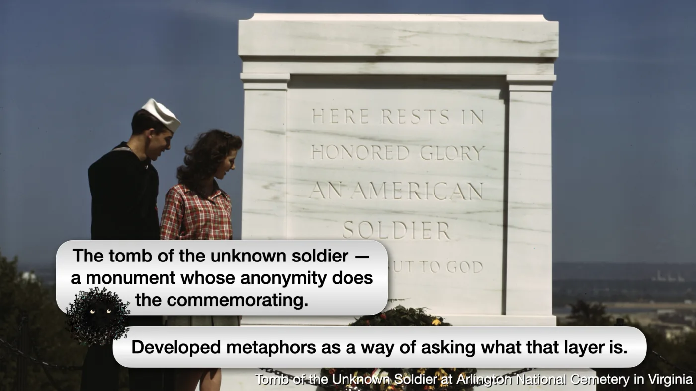 Tomb of the Unknown Soldier at Arlington National Cemetery in Virginia | Sili says: Developed metaphors as a way of asking what that layer is. | Sili says: The tomb of the unknown soldier — a monument whose anonymity does the commemorating. | picture: a 1943 colour photograph — a sailor and a young woman in a plaid shirt standing at the Tomb of the Unknown Soldier, which reads HERE RESTS IN HONORED GLORY AN AMERICAN SOLDIER KNOWN BUT TO GOD | picture: Sili, in the bottom left, moving left and rising