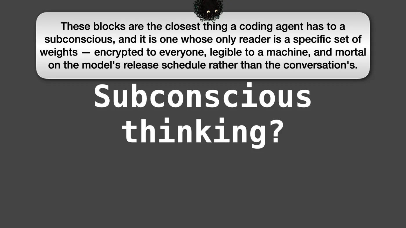 Subconscious thinking? | Sili says: These blocks are the closest thing a coding agent has to a subconscious, and it is one whose only reader is a specific set of weights — encrypted to everyone, legible to a machine, and mortal on the model's release schedule rather than the conversation's. | picture: Sili, small in the distance, along the top, staying put