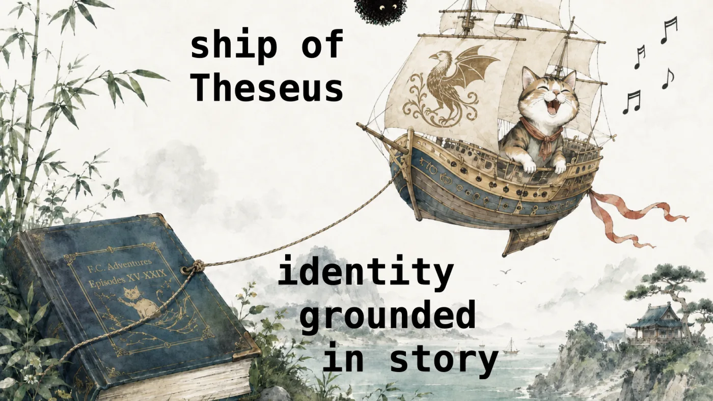 ship of
Theseus | identity
grounded
in story | picture: a wash drawing of a galleon sailing through the air, a delighted cat singing at the rail, tethered by a rope to an old book lying open in the grass below | picture: Sili, small in the distance, along the top, half above the top edge, moving right and rising