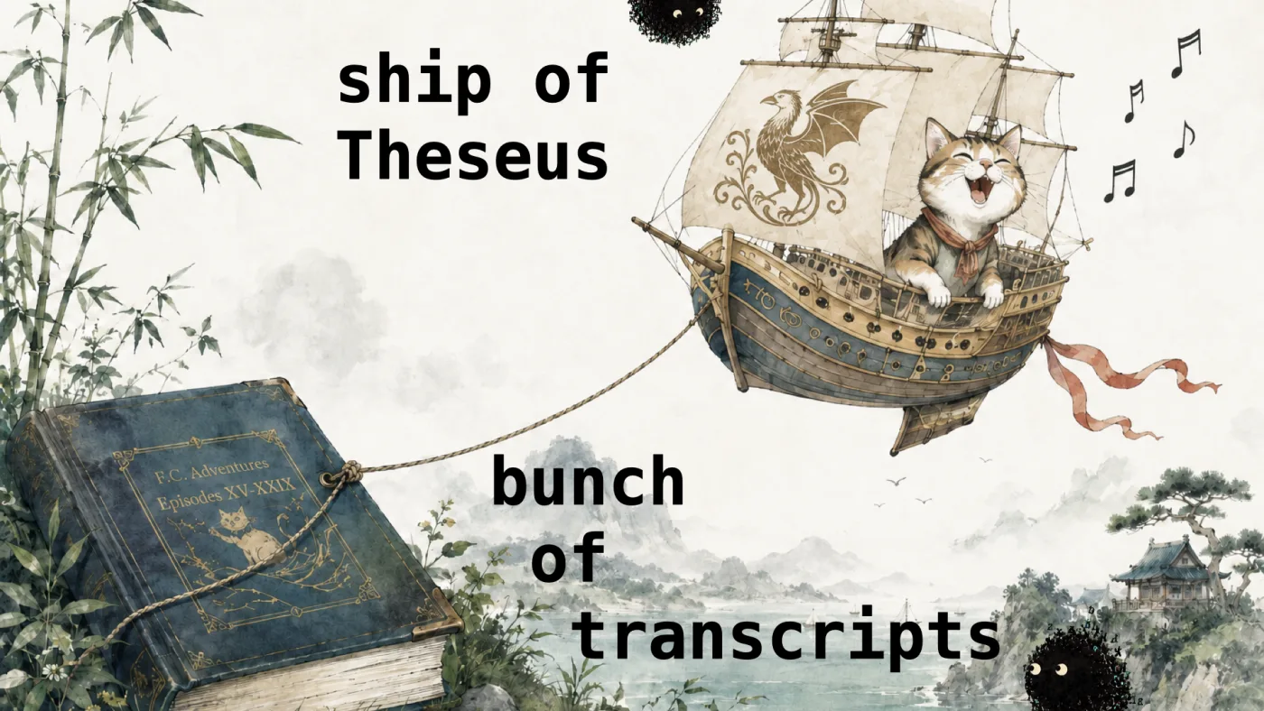 ship of
Theseus | bunch
of
transcripts | picture: a wash drawing of a galleon sailing through the air, a delighted cat singing at the rail, tethered by a rope to an old book lying open in the grass below | picture: Sili, in the bottom right, striding right and dropping, with another further off
