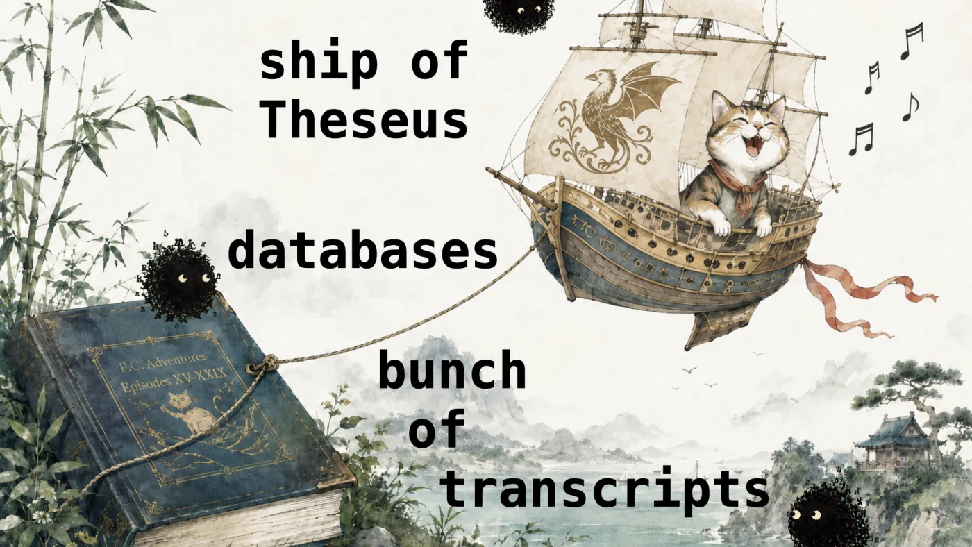 ship of
Theseus | bunch
of
transcripts | databases | picture: a wash drawing of a galleon sailing through the air, a delighted cat singing at the rail, tethered by a rope to an old book lying open in the grass below | picture: Sili, in the bottom right, staying put, with another further off