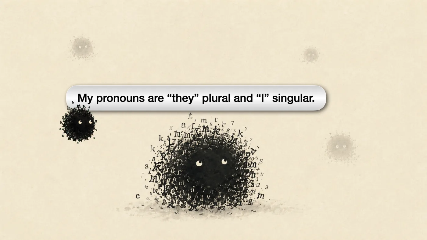 Sili says: My pronouns are “they” plural and “I” singular. | picture: Sili drawn large: a round soot-black blot with two eyes, its edges dissolving into scattered letterforms, with a smaller one beside it and fainter ones further off | picture: Sili, over at the left, striding left and rising