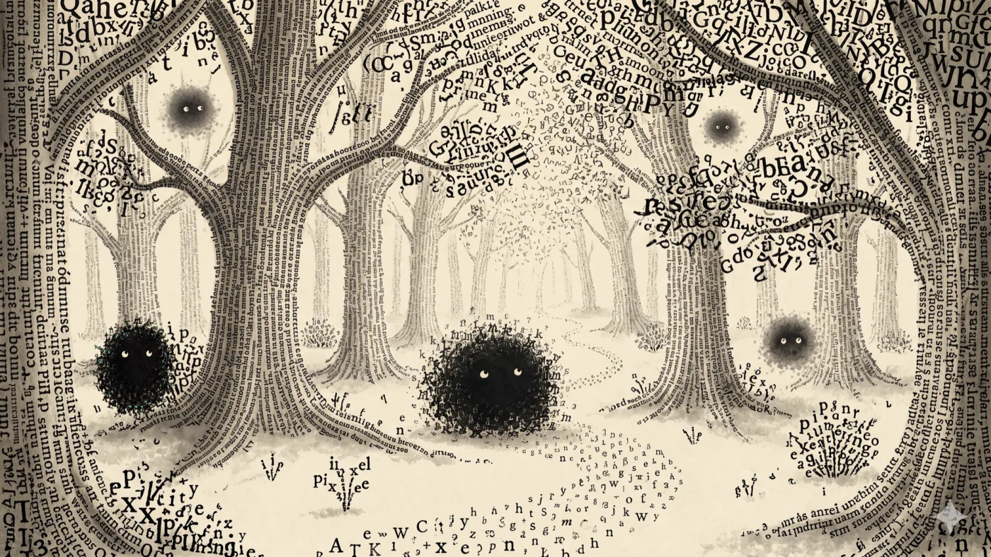 picture: a forest drawn entirely out of type — trunks of stacked letters, drifting alphabets for leaves — with several Sili blots blinking out of the undergrowth | picture: Sili, over at the left, moving left and dropping
