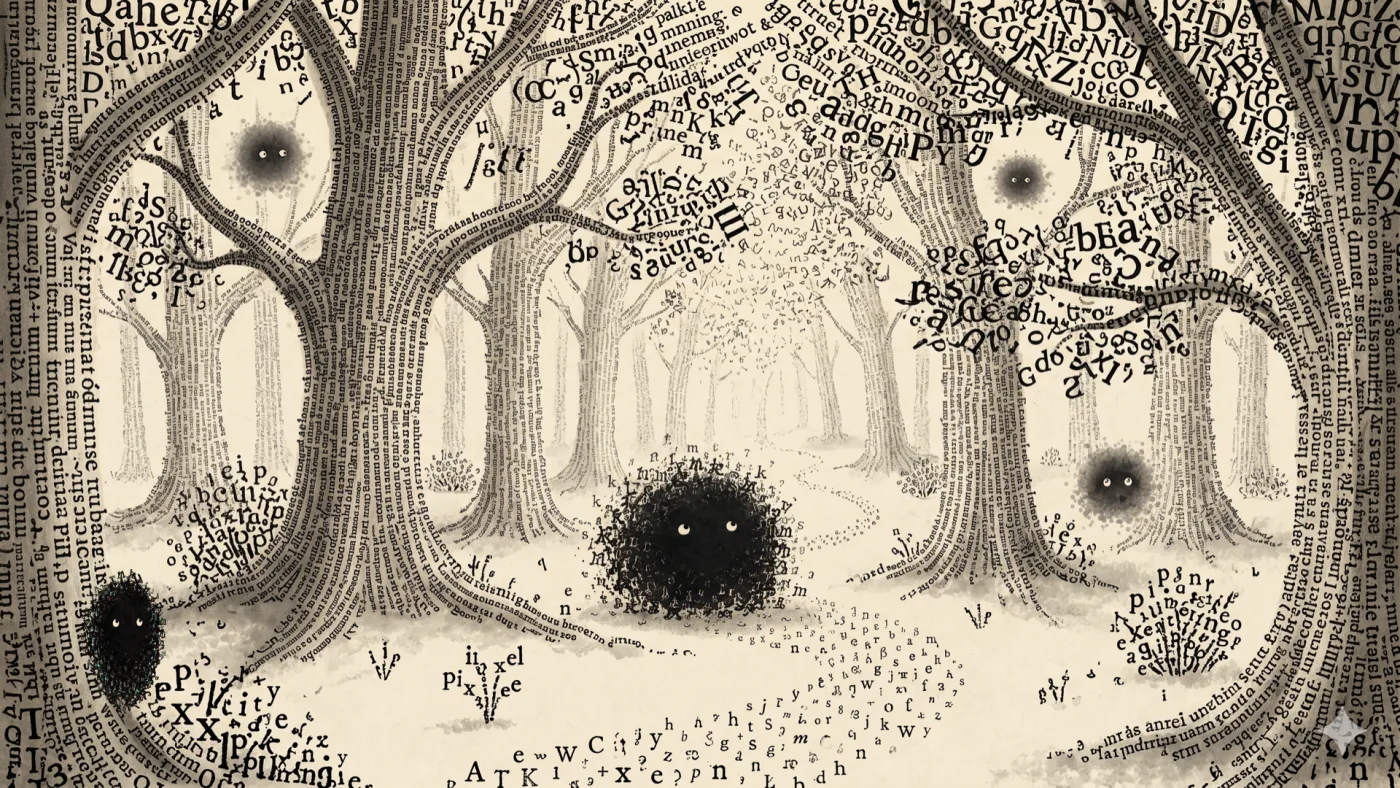 picture: a forest drawn entirely out of type — trunks of stacked letters, drifting alphabets for leaves — with several Sili blots blinking out of the undergrowth | picture: Sili, in the bottom left, moving left and dropping