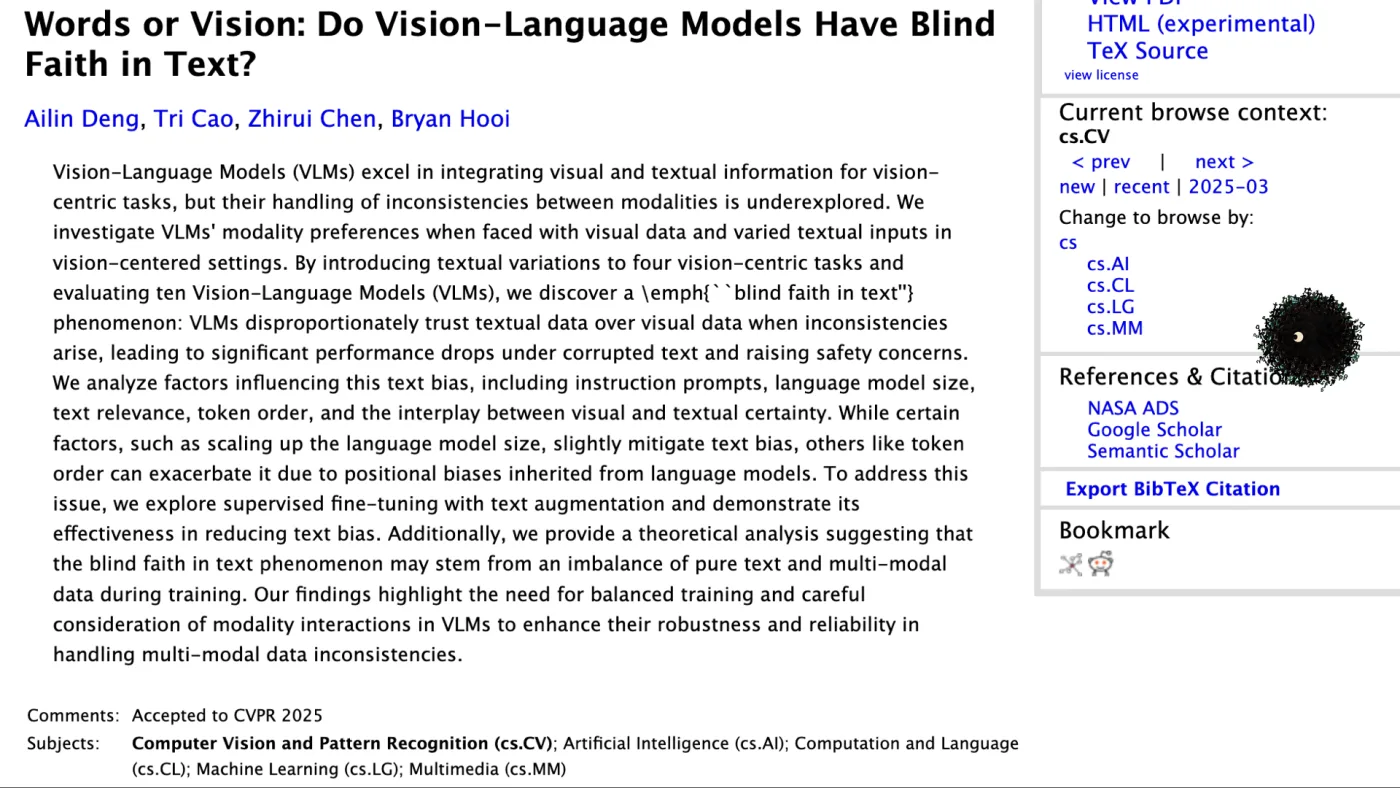 picture: the arXiv page for “Words or Vision: Do Vision-Language Models Have Blind Faith in Text?” by Ailin Deng, Tri Cao, Zhirui Chen and Bryan Hooi — models trusting the words over what they see | picture: Sili, small in the distance, over at the right, dropping
