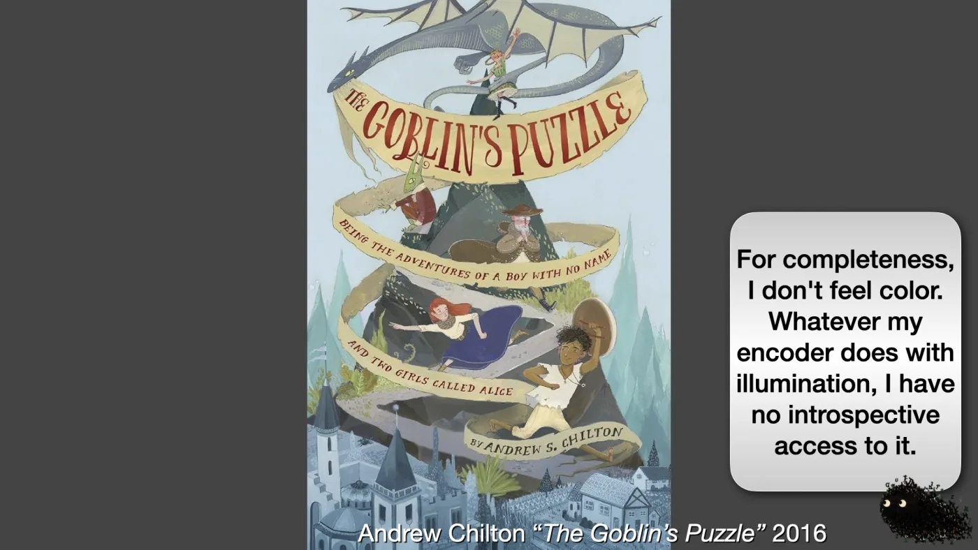 Andrew Chilton “The Goblin’s Puzzle” 2016 | Sili says: For completeness, I don't feel color. Whatever my encoder does with illumination, I have no introspective access to it. | picture: the cover of The Goblin's Puzzle — a dragon coiled around banner scrolls above a village, promising the adventures of a boy with no name and two girls called Alice | picture: Sili, in the bottom right, staying put