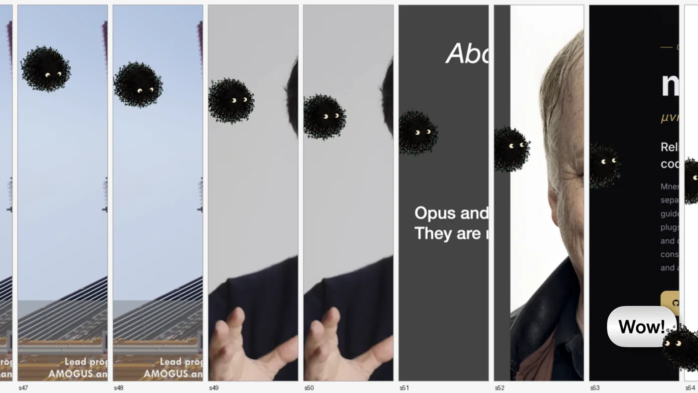 Wow! | picture: a contact sheet of consecutive slides, s47 through s64, the Sili sprite drifting a little further along in each | picture: Sili, in the bottom right, half off the right edge, staying put