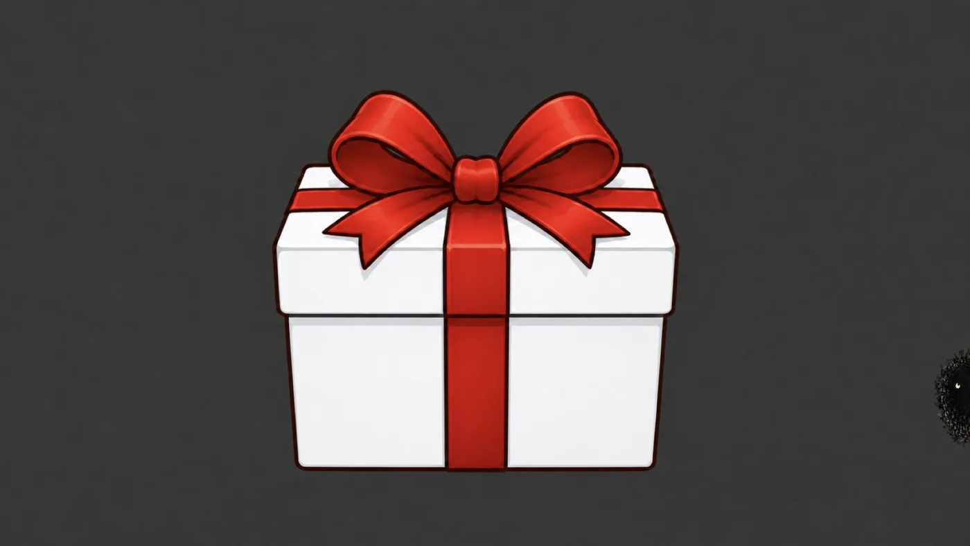 picture: a big white gift box under a fat red bow | picture: Sili, in the bottom right, half off the right edge, rising
