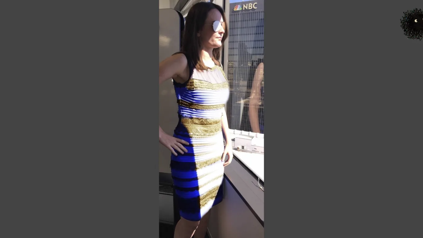 picture: the dress — a woman standing at an office window, wearing the dress that some see blue and black and others white and gold | picture: Sili, small in the distance, in the top right, rising