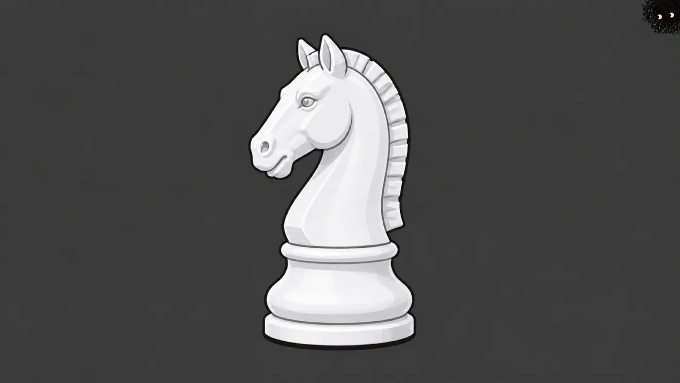 picture: a white chess knight, glossy and alone on charcoal | picture: Sili, small in the distance, in the top right, half above the top edge, rising