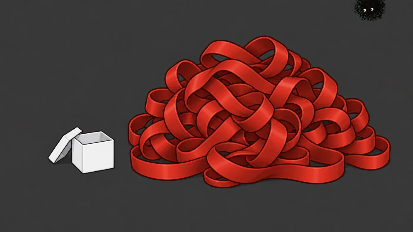 picture: a tiny open white box beside a mountain of red ribbon that could never have come out of it | picture: Sili, small in the distance, in the top right, half above the top edge, moving left