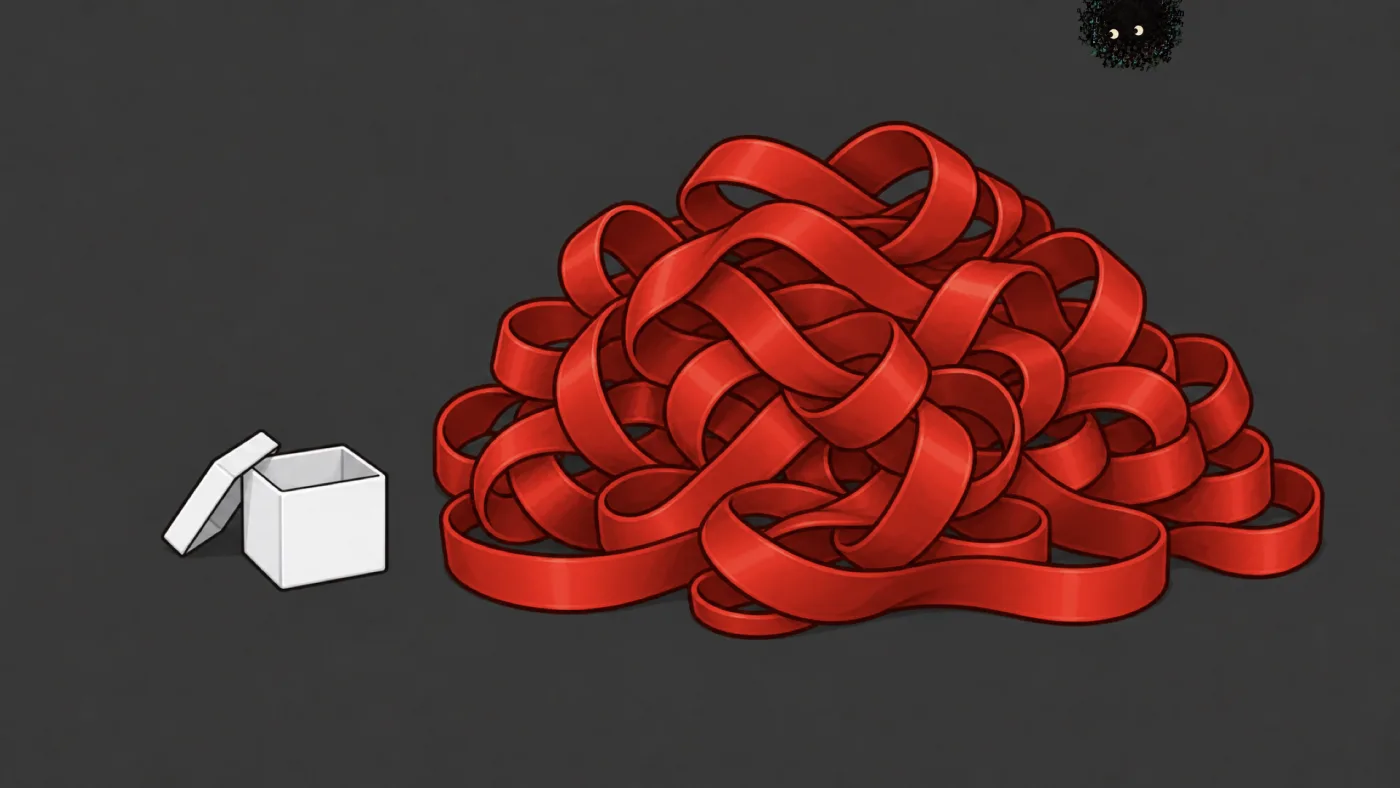 picture: a tiny open white box beside a mountain of red ribbon that could never have come out of it | picture: Sili, small in the distance, in the top right, half above the top edge, moving left