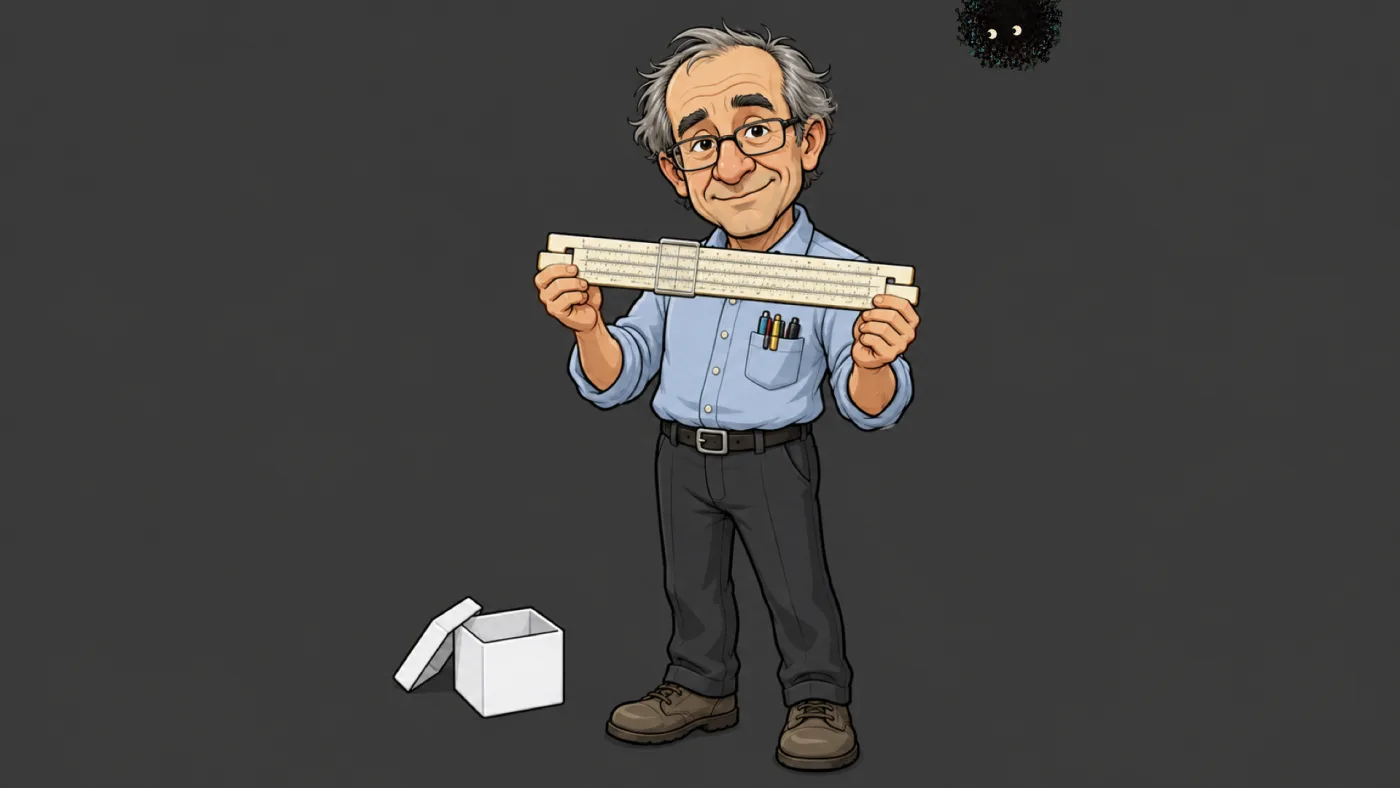 picture: a cartoon hardware engineer, pens in his pocket, holding up a slide rule; the little white box waits open at his feet | picture: Sili, small in the distance, in the top right, half above the top edge, moving left