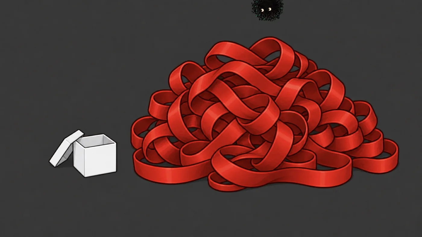 picture: a tiny open white box beside a mountain of red ribbon that could never have come out of it | picture: Sili, small in the distance, along the top, half above the top edge, moving left